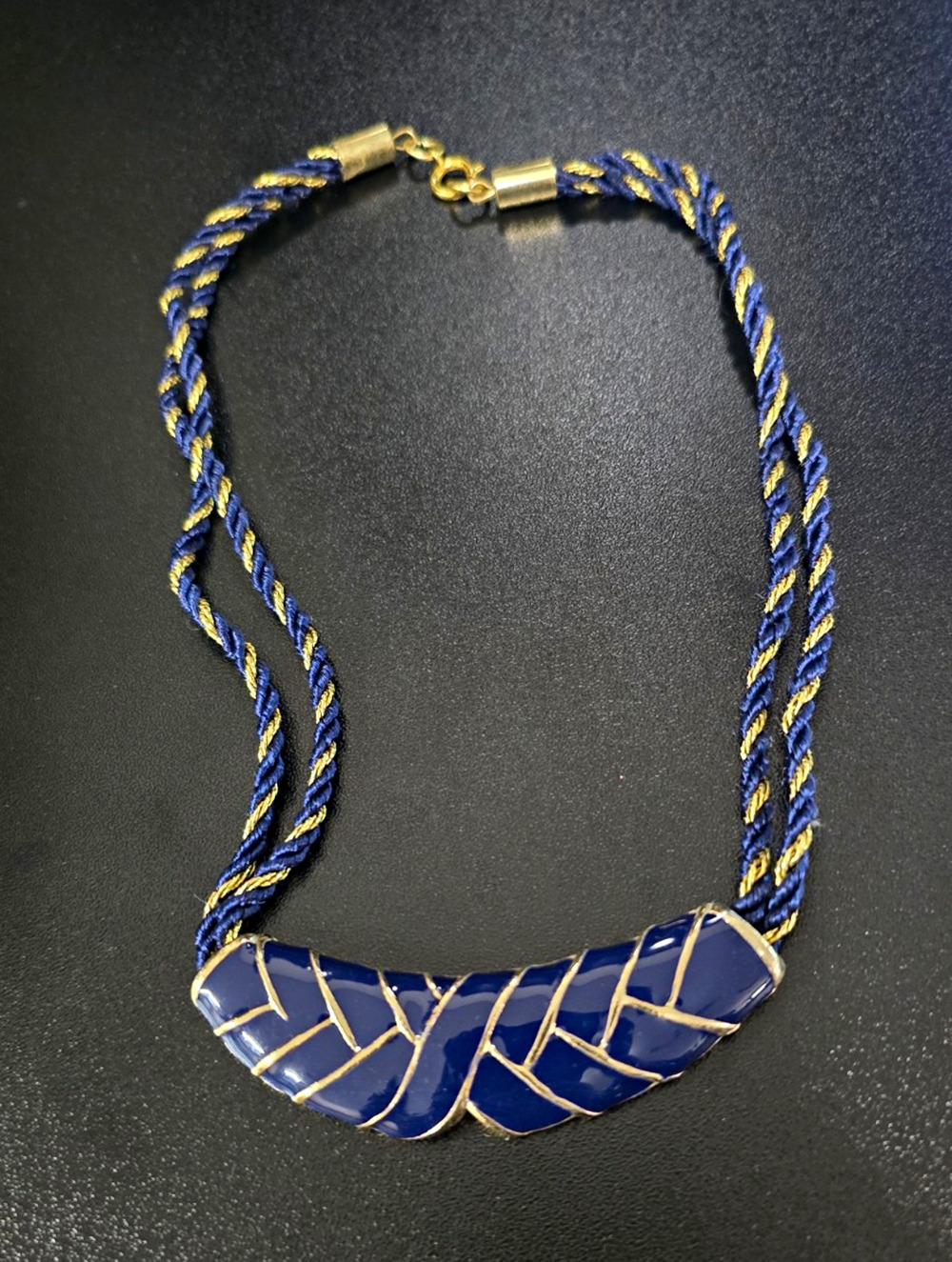 Vintage 1980s Navy Blue Enamel Gold Tone Chevron Bib Collar Statement Necklace